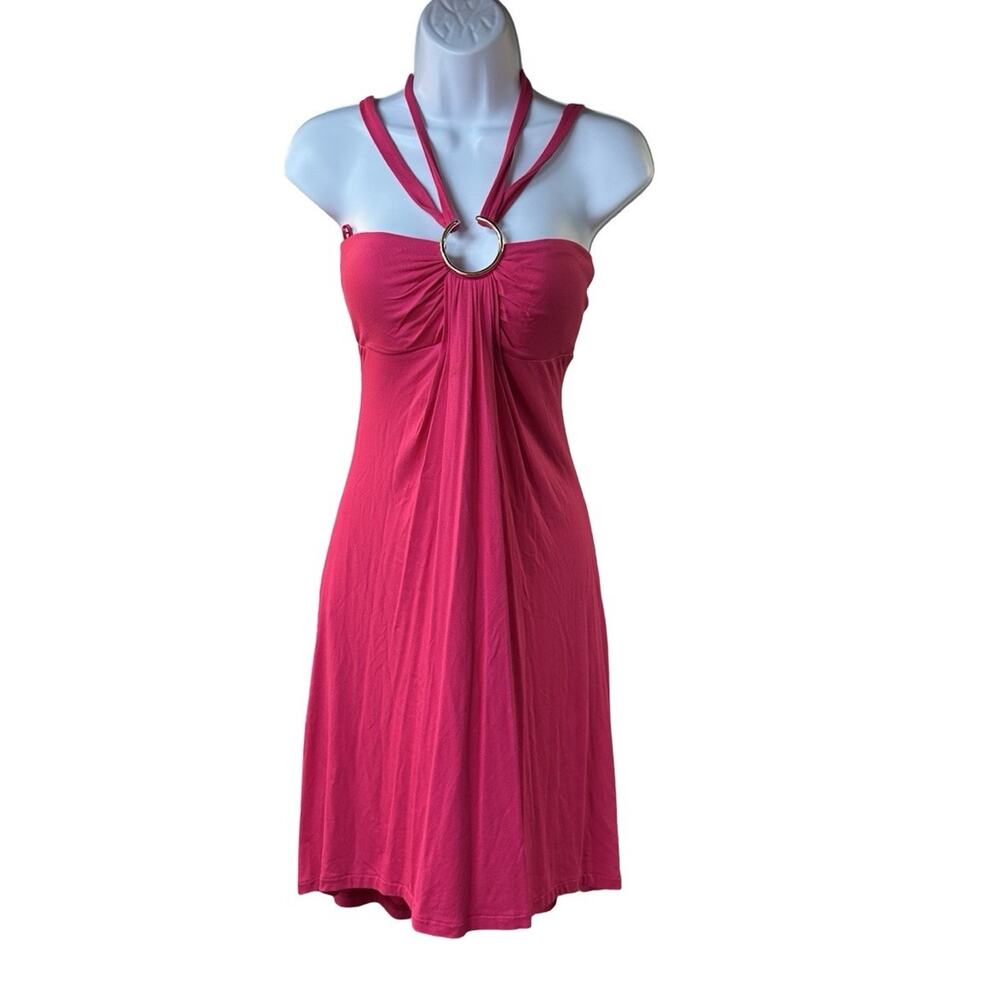 Cache Pink Hi Low Halter Dress Ring Front Ruched Empire A Line Y2K Sz XS